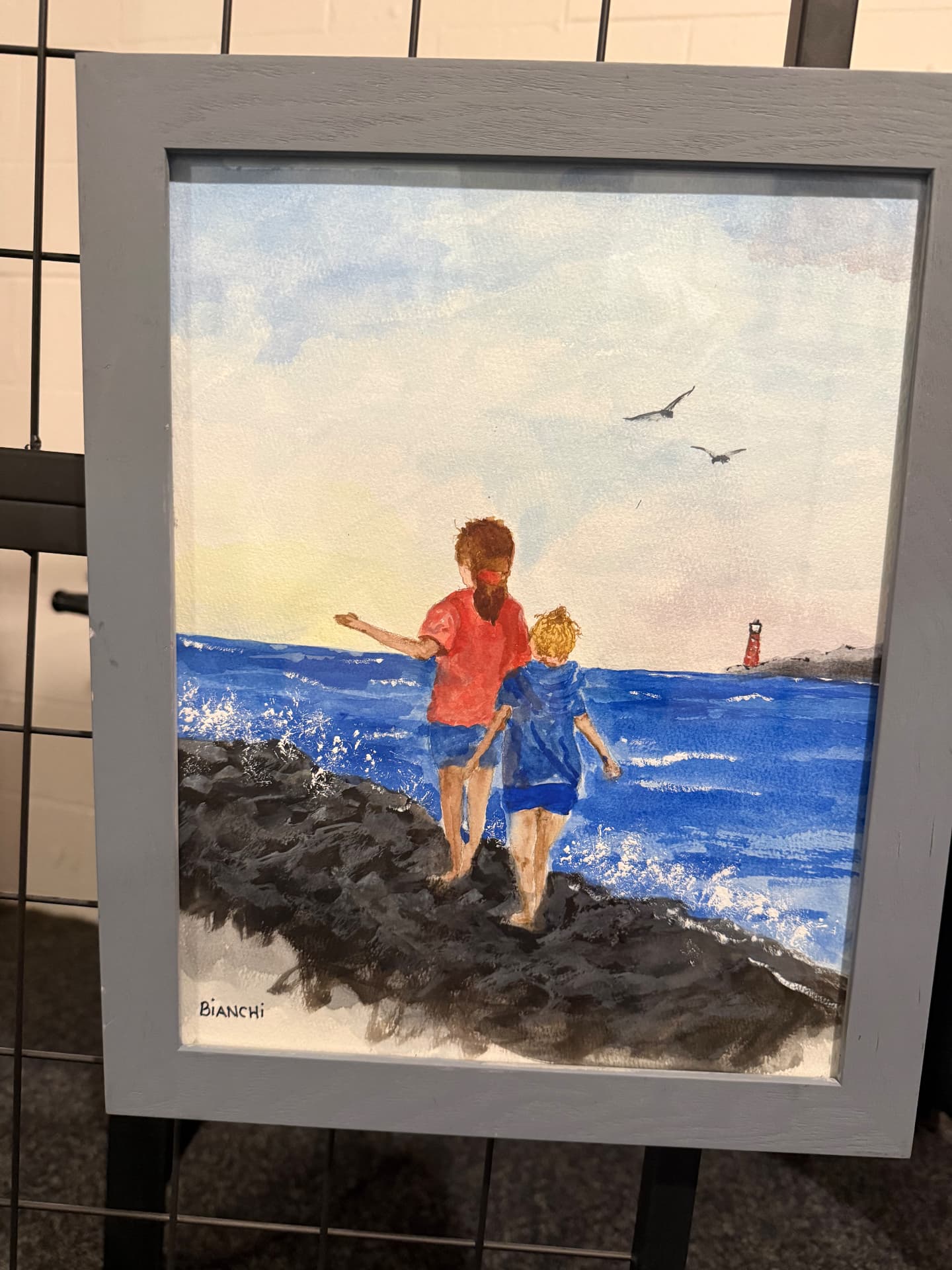 Sisters on the Jetty, Watercolor on paper, framed, 2024