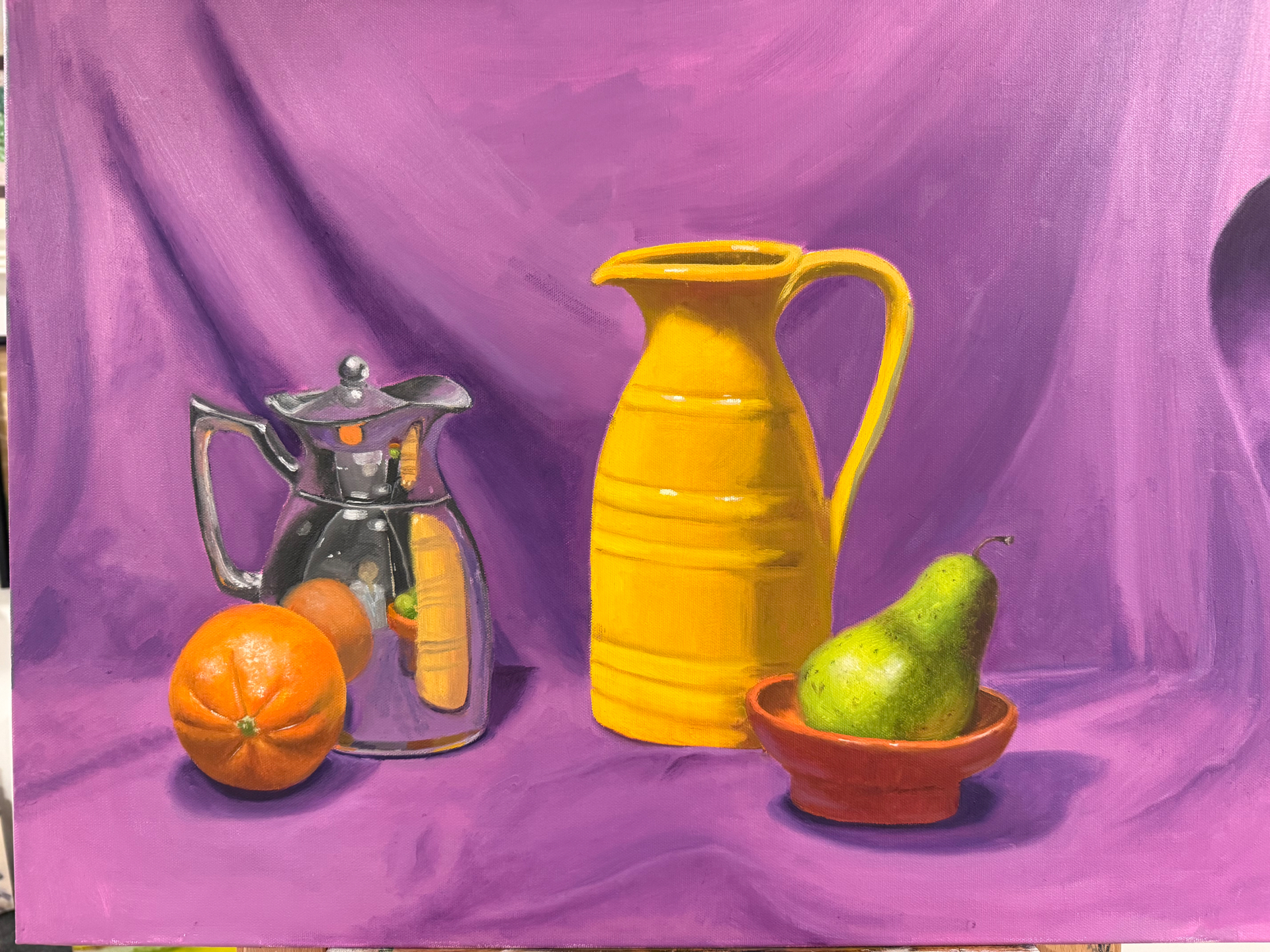 Yellow Pitcher, Orange and Pear, Oil on canvas, 2024