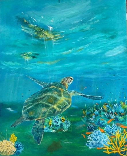 Sea Turtle, Reef, Oil on canvas, 2024