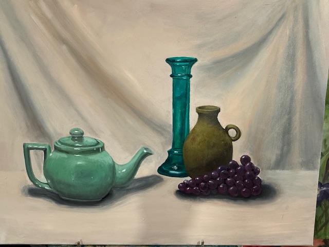 Teapot and Grapes, Oil on canvas, 2024