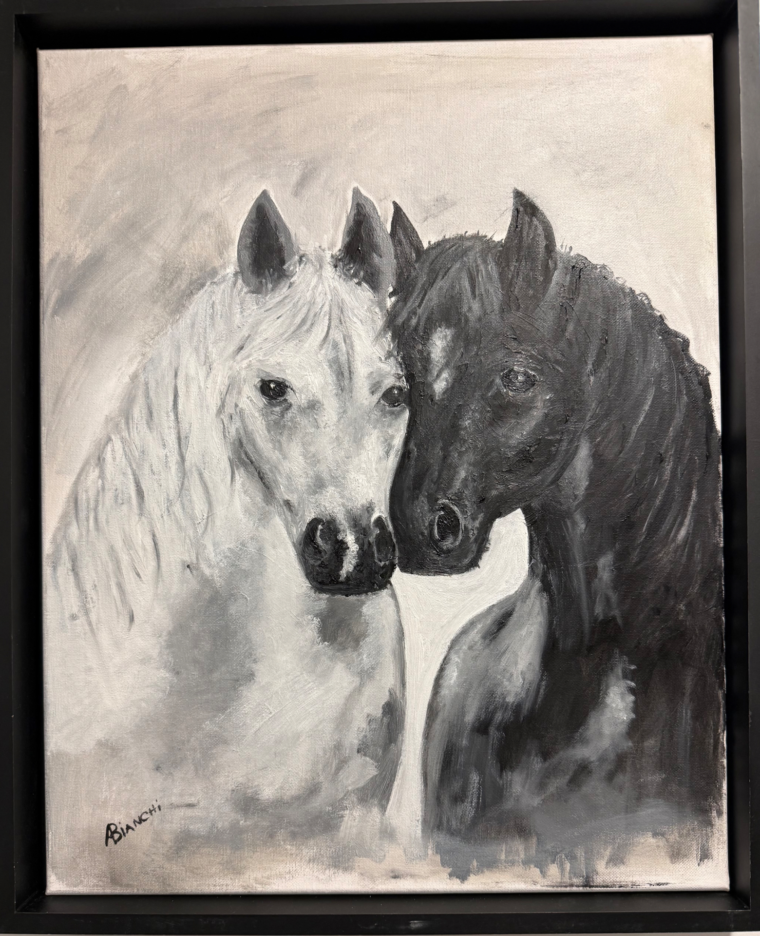 Two Horses, Black and White, Oil on canvas, framed, 2024